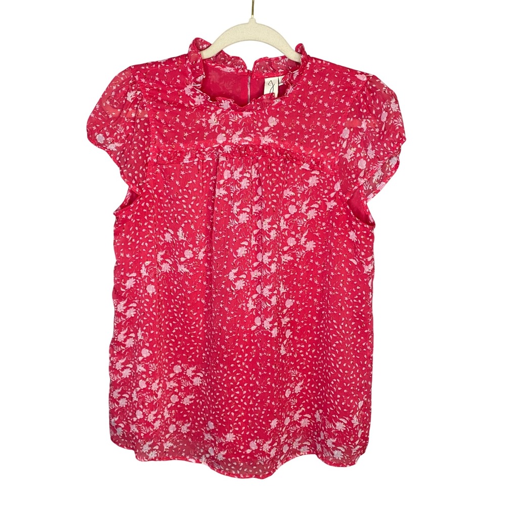 Joie Pink Floral Lurex Ruffle Mock Neck Chiffon Blouse Womens Medium Cap Sleeve